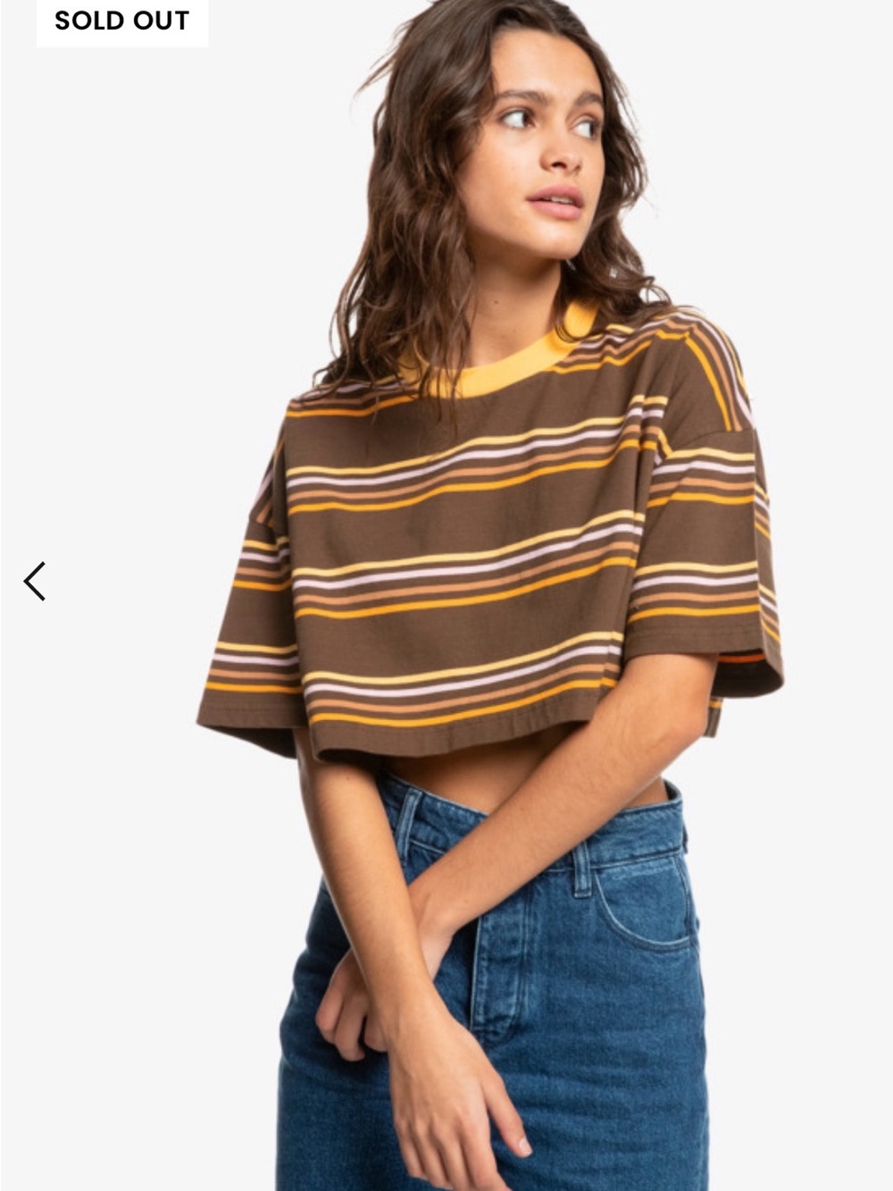 Quiksilver Brown Striped Cropped Tee with Yellow Neck